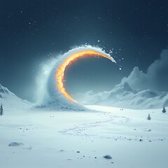 Fiery Crescent Moon in Snowy Mountains.