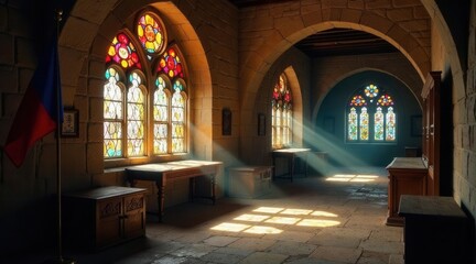 Obraz premium Sunbeams Illuminate Ancient Hallway with Stained Glass Windows and Wooden Furnishings