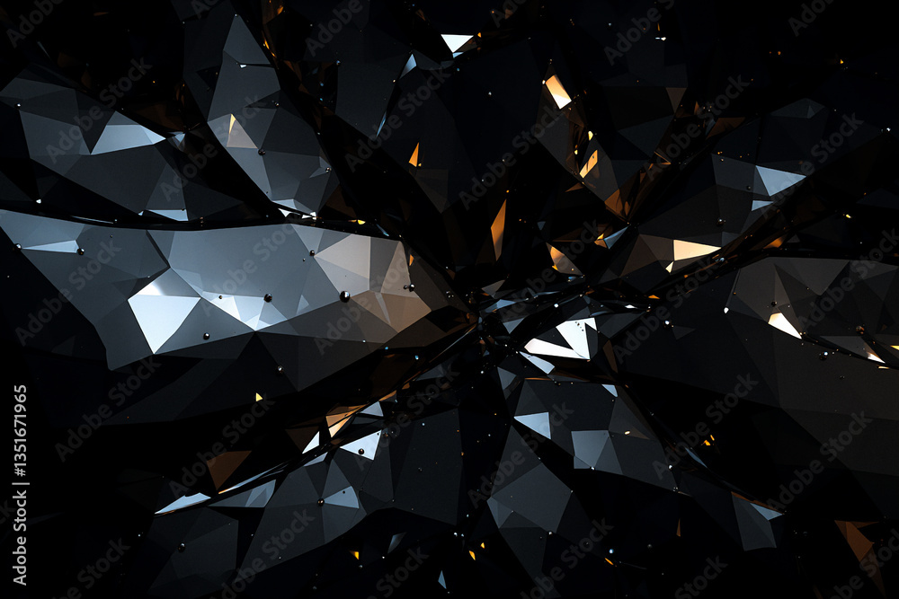 Poster Dark geometric abstract with polygon shapes, sharp facets, and reflective highlights creating a modern, edgy, and fragmented feel.