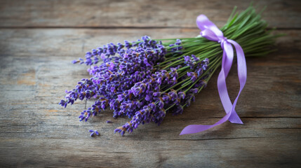 Bunch of freshly cut lavender tied with a ribbon, placed on a rustic wooden table