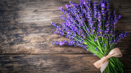 Bunch of freshly cut lavender tied with a ribbon, placed on a rustic wooden table