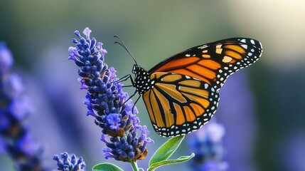 Fototapeta premium Monarch Butterfly Delicately Resting on Purple Flower Petals in a Lush Garden Environment