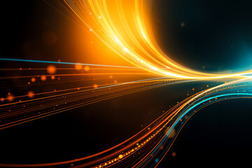 Dynamic abstract image with curved light streaks in vibrant orange and blue on dark. Streaks suggest motion, energy, flow. Bokeh lights add depth.