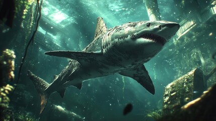 Fototapeta premium Majestic Shark Swimming Through a Sunken Shipwreck in a Serene Underwater Scene