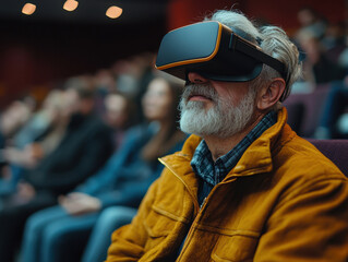 Mature professional engaged in a virtual reality seminar showcasing advanced technology in lifelong education