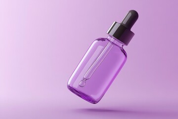 A glass dropper bottle appears suspended in mid-air with a graceful design, featuring a sleek purple hue that catches the light beautifully