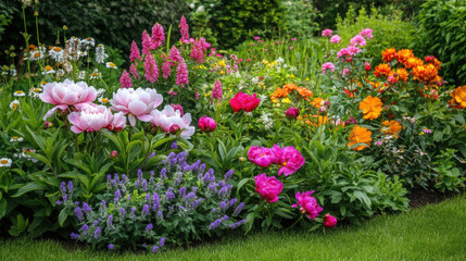 A garden scene with peonies blooming alongside other colorful flowers and greenery