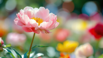 Single peony flower with a soft-focus background of other peony blooms in a garden