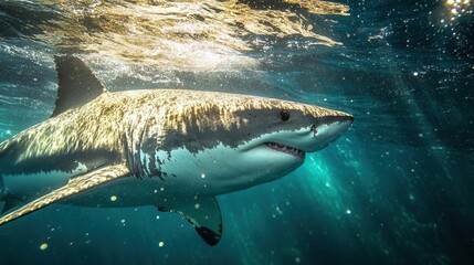 Fototapeta premium Majestic Shark Swimming Gracefully Underwater in Glimmering Ocean Waters with Sunbeams