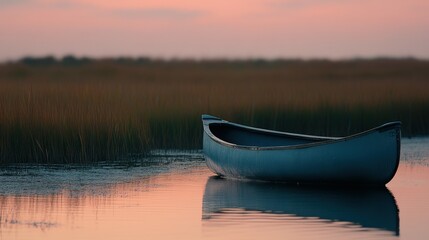 Canoe resting on calm water at dusk