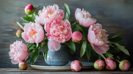 Peony flowers and buds in a stylish floral arrangement with a backdrop of rustic wood