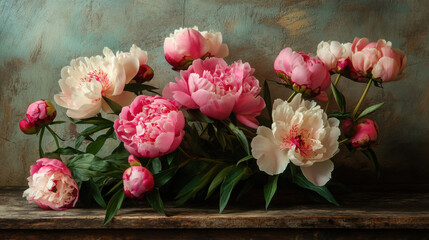 Peony flowers and buds in a stylish floral arrangement with a backdrop of rustic wood