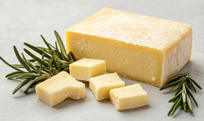 Block of white cheddar cheese is accompanied by several cut pieces and garnished with fresh rosemary on a neutral background