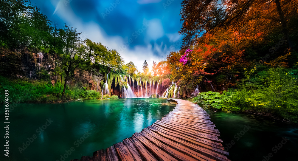 Poster A wooden path meanders through a vibrant forest, leading towards a stunning waterfall cascading into a turquoise lake under a partly cloudy sky. Sunlight illuminates the scene, creating a tranquil and