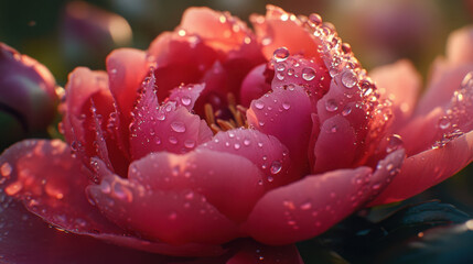 A close-up of a dewy peony flower after a light rain, showcasing its fresh appearance