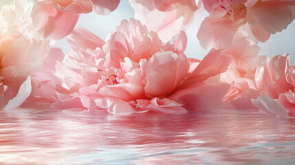 Peony petals gently falling onto a surface, creating a romantic and soft visual effect
