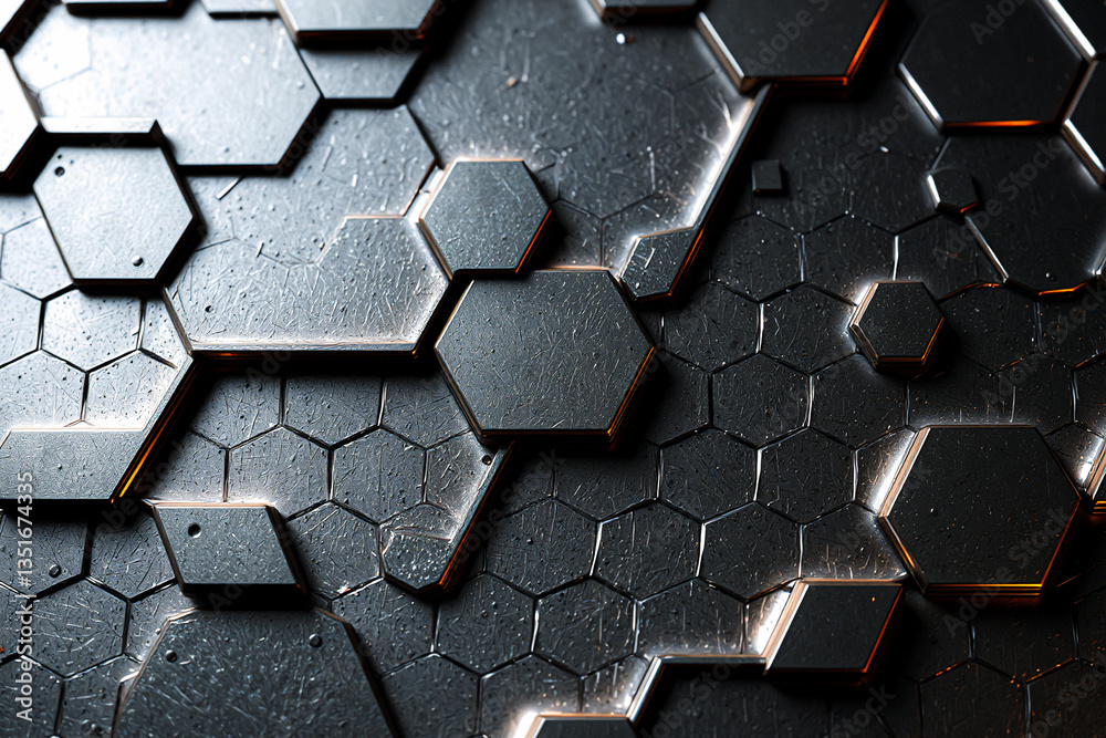 Leinwandbilder geometric pattern of dark hexagonal tiles on a textured surface. raised tiles with glowing orange ed
