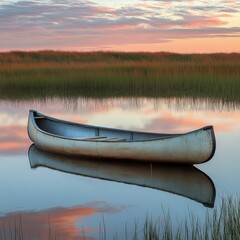 Canoe on calm sunset water