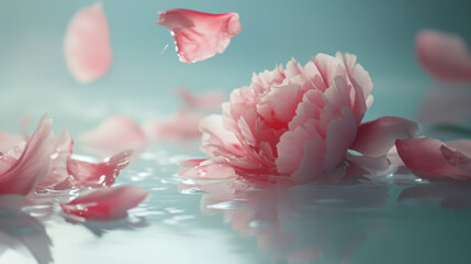 Peony petals gently falling onto a surface, creating a romantic and soft visual effect