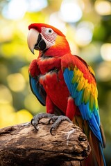 Obraz premium Colorful parrot perched on a branch surrounded by green leaves in a natural setting
