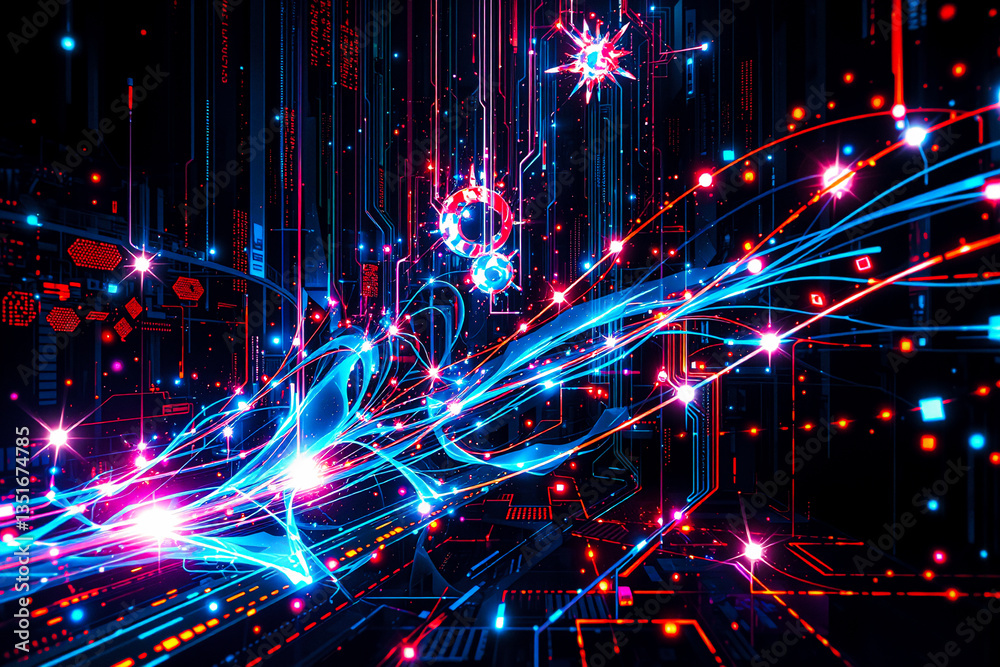 Aufkleber vibrant digital art with flowing blue and pink lines, glowing nodes, and geometric shapes against a 