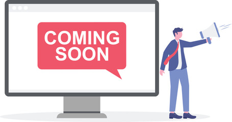 Concept Coming soon mark. Coming soon chat greeting messages. Flat speech bubble banner with bell. Promotional banner sign.

