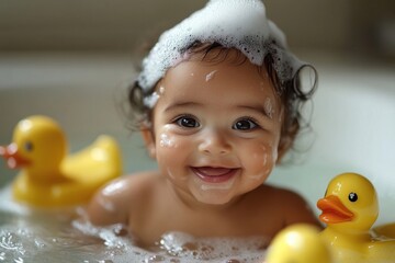 Baby girl laughs happily in a bathtub filled with bubbles and swims with playful yellow ducks during a relaxing bath time