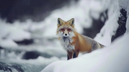 Fototapeta premium Red Fox in Snowy Landscape Surrounded by Ice and Snow Accentuated by Winter Light