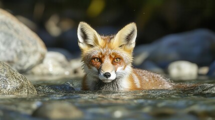 Red Fox Curiously Paddling Through A Sparkling Stream In A Lush Green Forest Setting