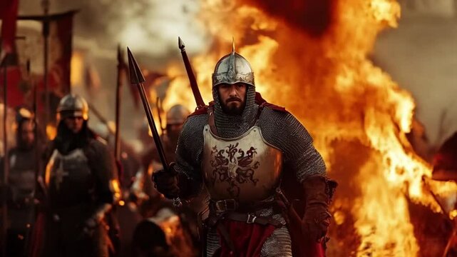 A man in armor leads a group of soldiers through a burning battlefield. Smooth repeating motion for background video animation.