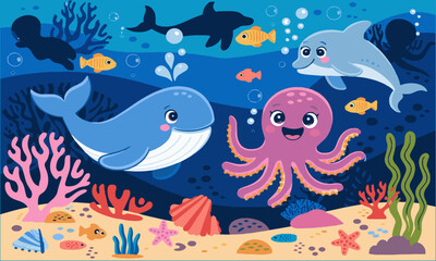A vibrant underwater scene featuring a cartoon-style blue whale, easily editable.