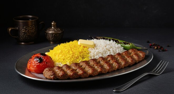 Plate of grilled meat rice and butter called koobideh