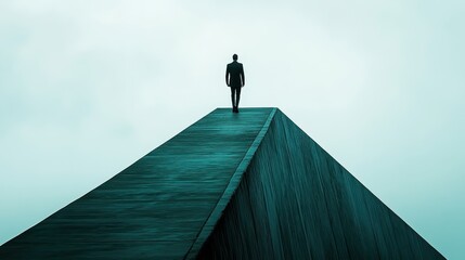 Lone Businessman on Peak Success with Risk, and and Solitude.