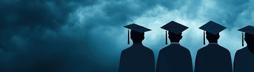 Graduates in Caps Standing Against Dark Cloudy Sky