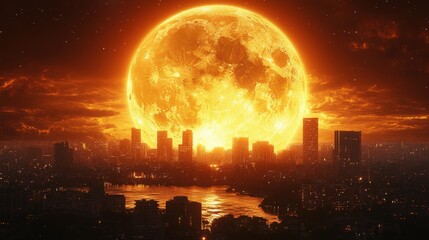 A huge glowing celestial orb shines over a city skyline