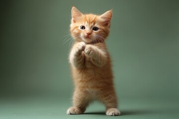 Obraz premium A fluffy ginger kitten stands on its hind legs, playfully reaching forward as it explores its surroundings with curiosity