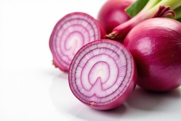 Closeup red onion, sharp focus, pure white background, red onion, backdrop