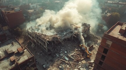City's disco heavily damaged by earthquake, resulting in collapsed structure and smoke rising from the rubble as rescue efforts begin