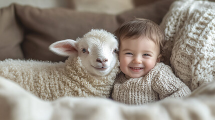 Smiling toddler cozy sweater cute lamb soft fleece cuddle blanket warmth indoor moment sweet friendship pet animal joy laughter child snuggle fuzzy comfort gentle expression wool playful happy fun