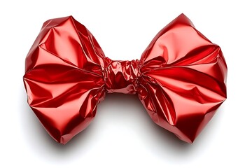 A shiny red gift bow is centered against a white background