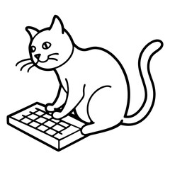 A cat typing furiously on a keyboard line art vector 