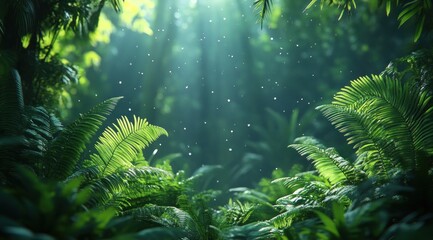 Vibrant green ferns grow abundantly in a dense jungle, illuminated by soft beams of light filtering through the canopy at midday