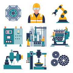 2d vector illustration colorful machine , worker and Industry and its development technology, factories and production lines icon , Industry 
