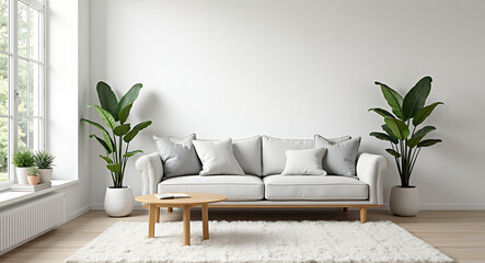 A modern Scandinavian-style living room. A light fabric sofa, a wooden coffee table, a soft-textured rug. White walls, light wooden floors.