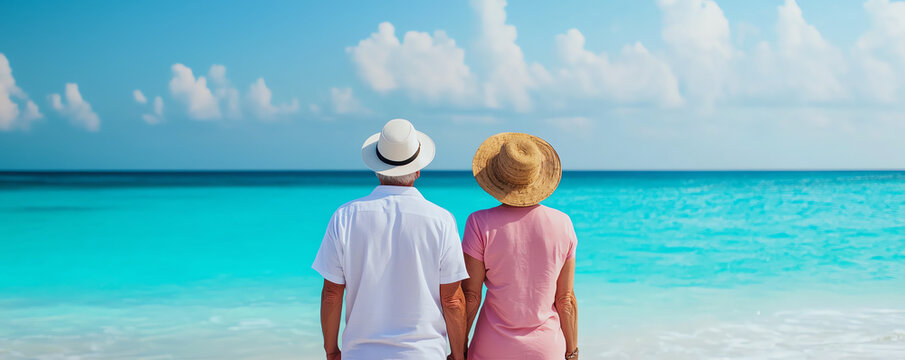 Couple enjoying peaceful beach view, retirement, saving, plan, forecast, and happiness