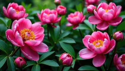 Obraz premium Bold peony blooms, lush greenery, endless repeat, bright, peonies, garden