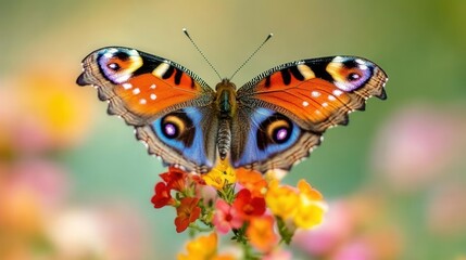 Obraz premium Vibrant Butterfly Resting on Colorful Flowers in a Lush Garden Setting During Springtime