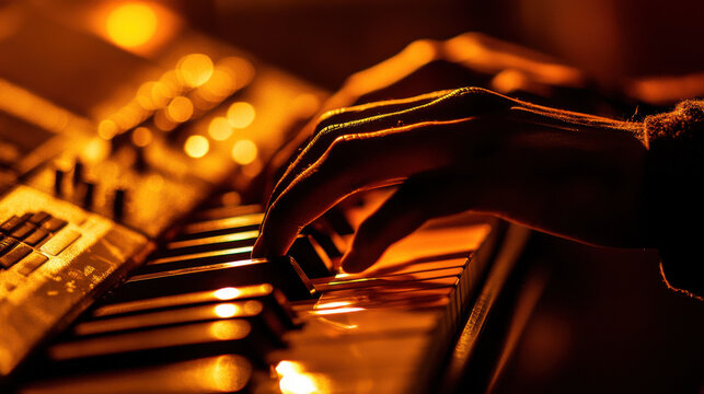 A detailed close-up of a person's hands typing on a mechanical keyboard, illuminated by warm, ambient lighting