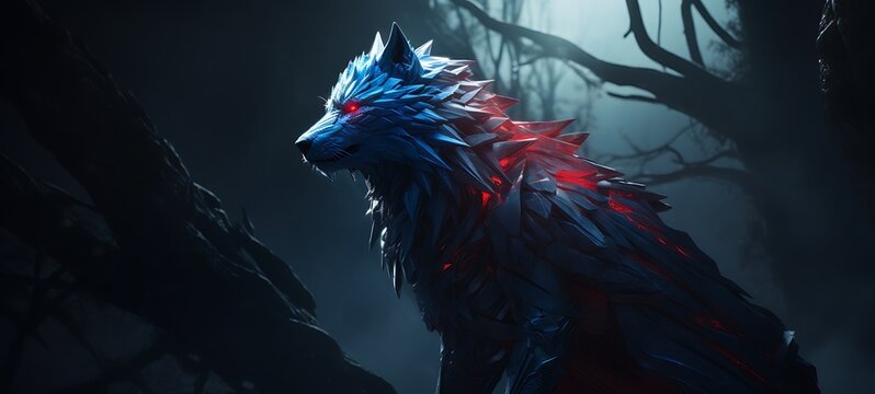 A fierce dryad Fenrir with an armoured shield Blue Red Diamond, ai generative