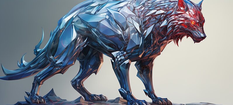 A fierce dryad Fenrir with an armoured shield Blue Red Diamond, ai generative